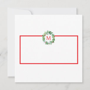 Watercolor Pine Berries Christmas Wreath Monogram Card