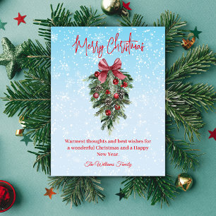 Watercolor Pine Bough & Red Bow Snowy Christmas Postcard