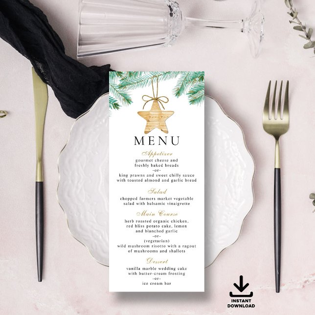 Watercolor Pine Boughs Winter Wedding Menu Cards (Creator Uploaded)