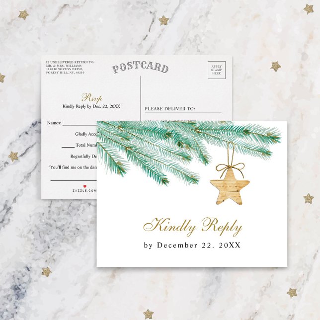 Watercolor Pine Boughs Winter Wedding RSVP Postcard (Creator Uploaded)
