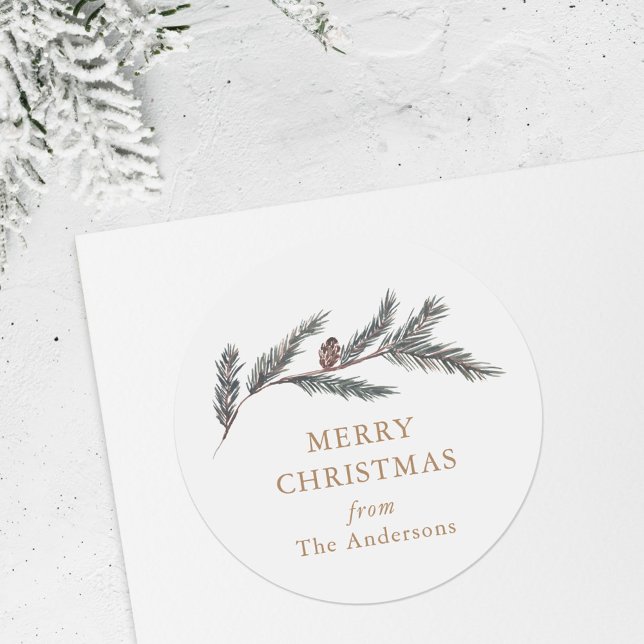 Watercolor Pine Branch Christmas Gift Classic Round Sticker (Creator Uploaded)