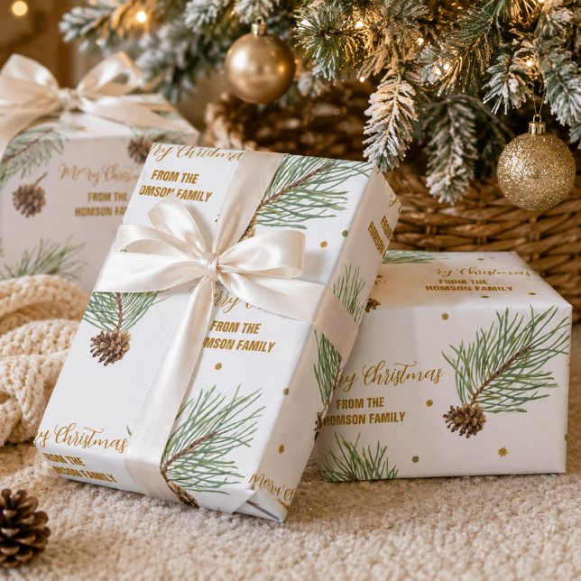 Watercolor Pine Branch Christmas Script Wrapping Paper (Creator Uploaded)