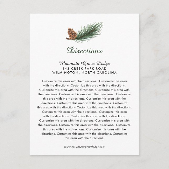 Watercolor Pine Branch Pine Cone Wedding Direction Enclosure Card (Front)