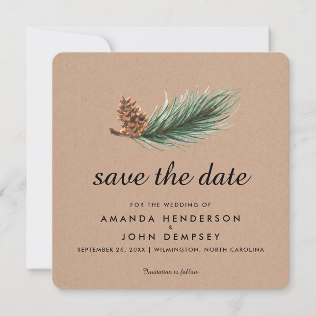 Watercolor Pine Branch Winter Save the Date (Front)