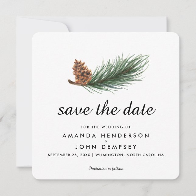 Watercolor Pine Branch Winter Save the Date (Front)