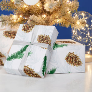 Watercolor Pine Branches and Pinecones Christmas Wrapping Paper