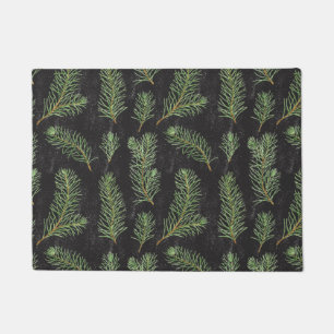 Watercolor pine branches on black background. doormat