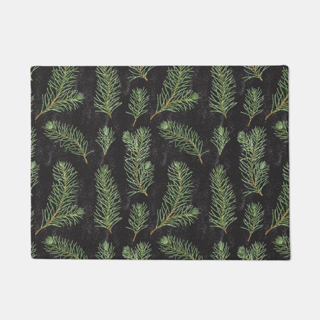 Watercolor pine branches on black background. doormat (Front)
