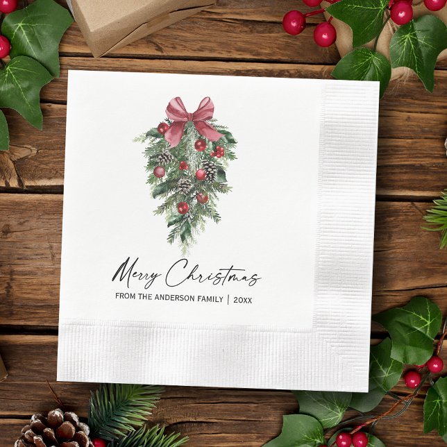 Watercolor Pine Calligraphy Ink Christmas Cocktail Napkin (Customize to change your personalized text size or text style.)