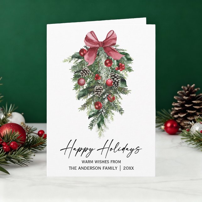 Watercolor Pine Calligraphy Ink Fold Holiday Card (Customize to change your personalized text size or text style.)