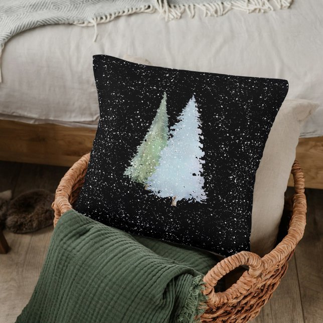 Watercolor Pine Christmas Trees Falling Snowflakes Cushion (Creator Uploaded)