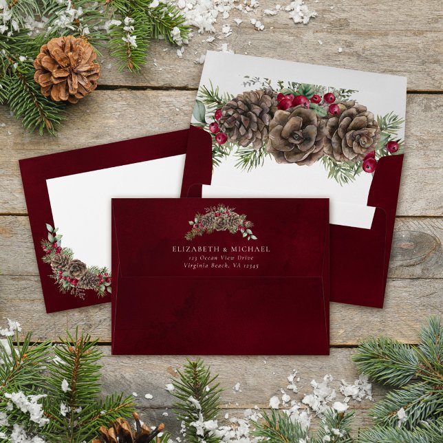 Watercolor Pine Christmas Winter Berries Wedding  Envelope (Creator Uploaded)