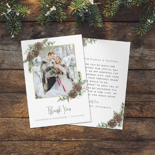 Watercolor Pine Cone Elegant Winter Wedding Photo Thank You Card