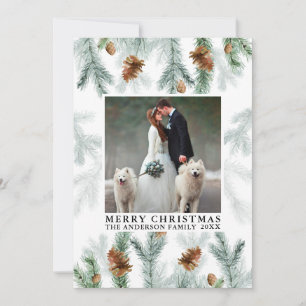 Watercolor Pine Cone Greenery Photo Christmas Holiday Card