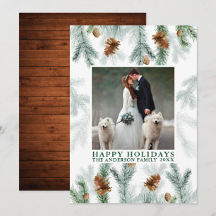 Watercolor Pine Cone Greenery Wood Christmas Holiday Card