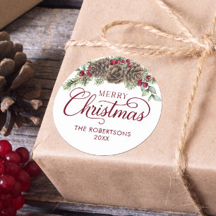 Watercolor Pine Cone Script Merry Christmas Classic Round Sticker