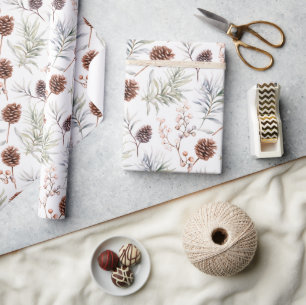 Watercolor Pine cones and branches with berries  Wrapping Paper