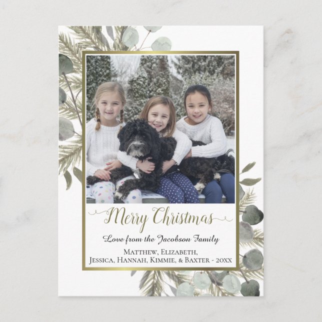 Watercolor Pine & Eucalyptus Merry Christmas Photo Holiday Postcard (Front)