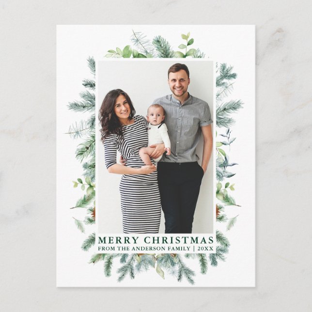 Watercolor Pine Family Photo Christmas Green Postcard (Front)