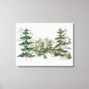 Watercolor Pine Forest and mountain Aesthetic Canvas Print
