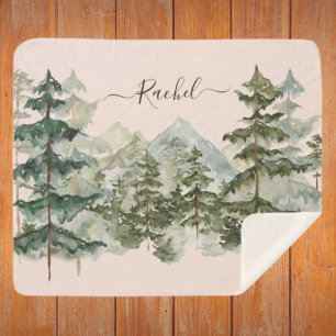 Watercolor Pine Forest and mountain Aesthetic Sherpa Blanket