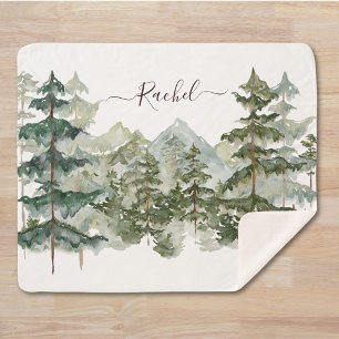 Watercolor Pine Forest and mountain Aesthetic Sherpa Blanket
