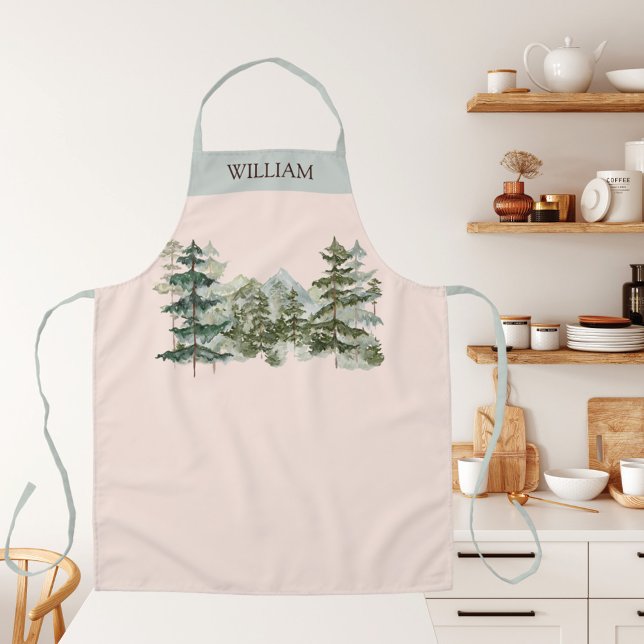 Watercolor Pine Forest and mountain Gardening Apron (In situ kitchen)