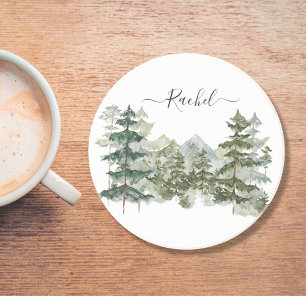 Watercolor Pine Forest and mountain Rustic Coaster