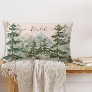 Watercolor Pine Forest and mountain Rustic Lumbar Cushion