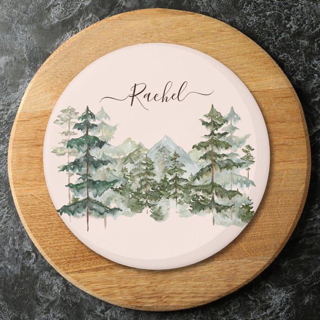 Watercolor Pine Forest and mountain Rustic Magnet (Close up)
