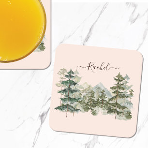 Watercolor Pine Forest and mountain Rustic Square Paper Coaster