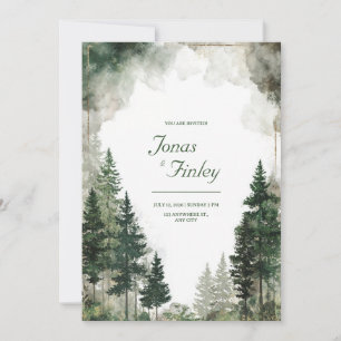 Watercolor Pine Forest Gold Dust Rustic Modern Invitation