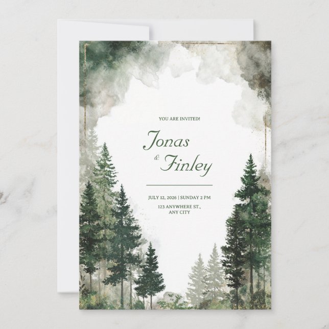 Watercolor Pine Forest Gold Dust Rustic Modern Invitation (Front)
