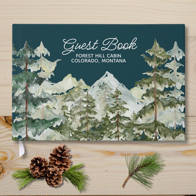 Watercolor Pine Forest Mountain Rustic Guest Book (Close up)