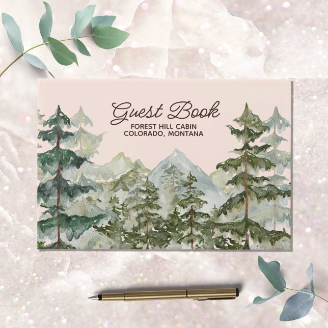 Watercolor Pine Forest Mountain Rustic Guest Book (Close up photo)