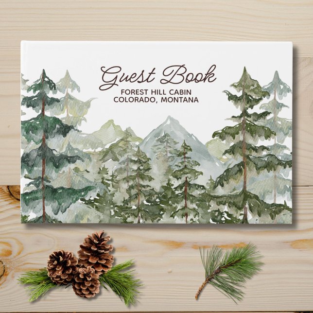 Watercolor Pine Forest Mountain Rustic Guest Book (In situ)