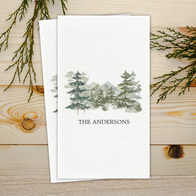 Watercolor Pine Forest & Mountain Rustic Napkin (Creator Uploaded)