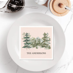 Watercolor Pine Forest & Mountain Rustic Napkin