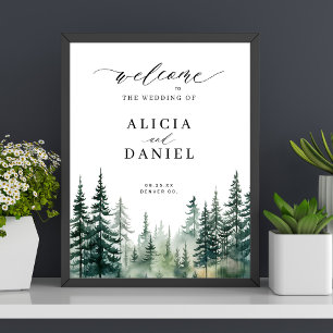Watercolor pine forest winter wedding welcome sign