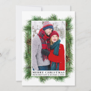 Watercolor Pine Frame Couple Photo Holiday Card