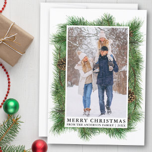 Watercolor Pine Frame Family Photo Holiday Card