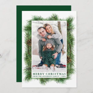 Watercolor Pine Frame Green Family Photo Holiday Card