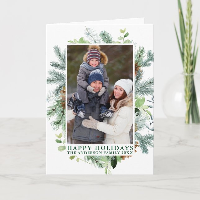 Watercolor Pine Frame Happy Holidays Green Folded Holiday Card (Front)