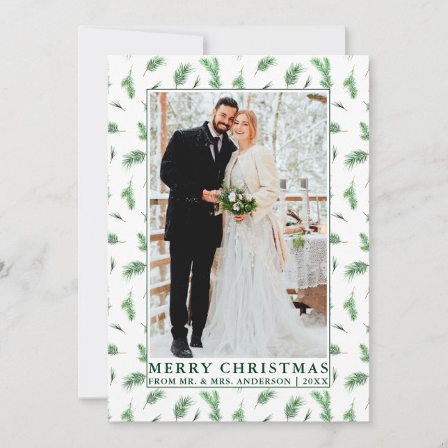 Watercolor Pine Greenery Newlywed Christmas Holiday Card (Front)
