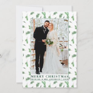 Watercolor Pine Greenery Newlywed Christmas Holiday Card