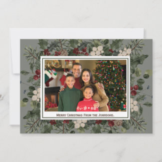 Watercolor Pine & Holly Photo Christmas Card