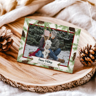 Watercolor Pine Ivory Winter Holiday One Photo  Card