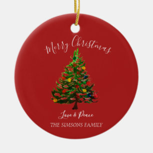 Watercolor Pine Merry Christmas Tree Ceramic Tree Decoration