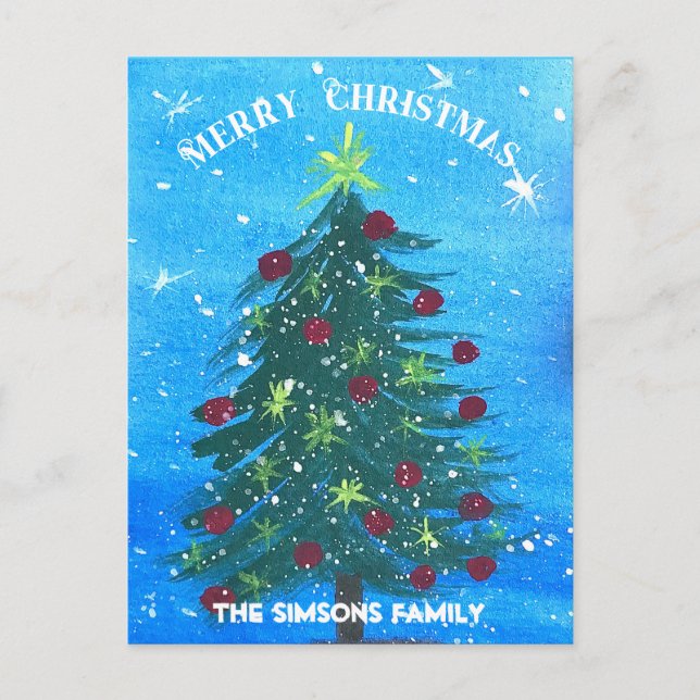 Watercolor Pine Merry Christmas Tree  Holiday Postcard (Front)