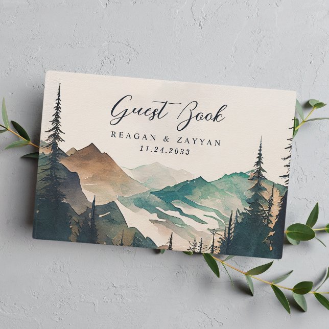 Watercolor Pine Mountain Forest Rustic Wedding Guest Book (Creator Uploaded)